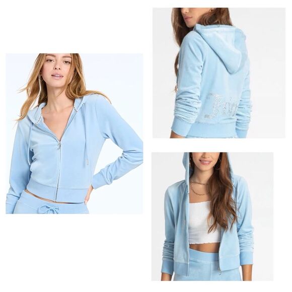 Juicy Couture OG frosted ice blue rhinestone one zip up hoodie size large NWT - Picture 1 of 12